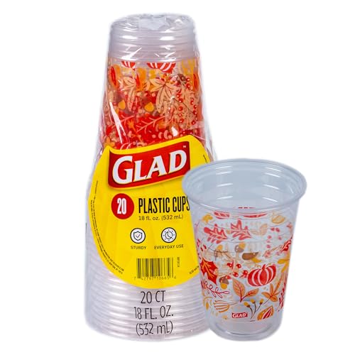 Glad Everyday Clear Plastic Cups with Fall Leaf Print - Sturdy Disposable Drinking Cups for Parties Picnics and Everyday Use Recyclable #5 Plastic 18 oz 20 Count