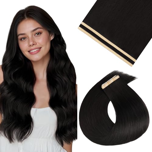 Image of GOO GOO Tape In Weft Hair Extensions Human Hair, Genius PU Long Weft Tape In Hair Extensions Real Human Hair, Silky Easy to Use, 1B Natural black 16 inch 50g 2pcs