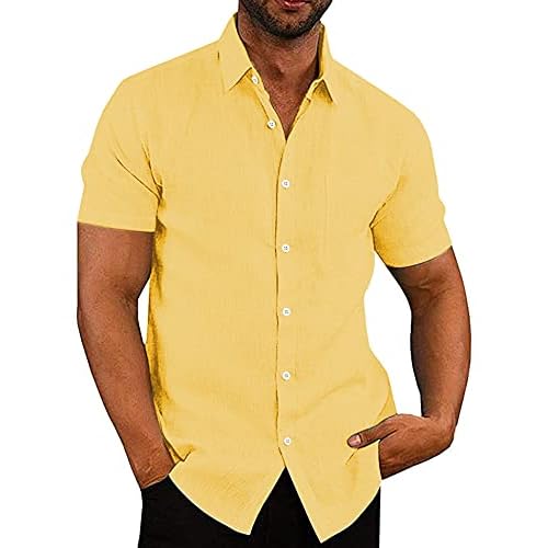 COOFANDY Men's Casual Button Down Shirts Short Sleeve Linen Shirts Summer Beach Dress Shirt Men Small Linen - Light Yellow