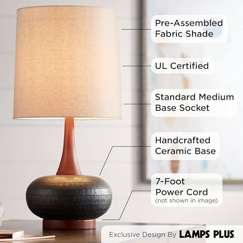 360 Lighting L1606006 Andi Mid Century Modern Table Lamp 24.5 Inch High Hammered Bronze Ceramic Wood Off White Tall Drum Shade thumb #2
