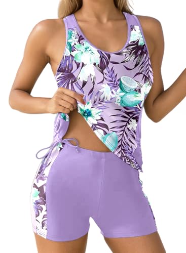 Dokotoo Women's Tankini Sets Two Piece Tops with Shorts Swimsuits for Women Bathing Suits Floral Printed Beach Vacation Clothes Tummy Control Swimwear Womens Swimsuit Purple M
