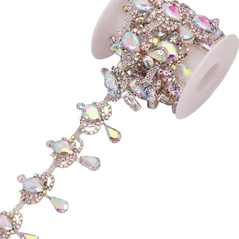 Phicmanlo 1 Yard AB Fringe Rhinestone Chain Trim Crown Shape Holographic Crystal Welding Trimming Belt Bridal Beaded Trim Applique (Silver AB) Cover