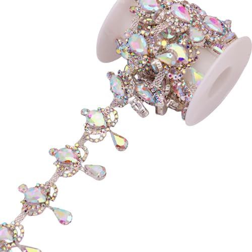 Phicmanlo 1 Yard AB Fringe Rhinestone Chain Trim Crown Shape Holographic Crystal Welding Trimming Belt Bridal Beaded Trim Applique (Silver AB)