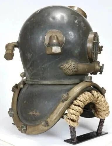 Antique Style Deep Sea Diver Helmet Replica – Mark V Marine Scuba Diving Helmet | Handcrafted Aluminum Brass Copper Finish | Nautical Home Decor Collectible with Display Stand