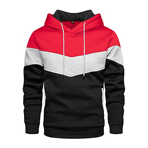LBL Men s Novelty Color Block Pullover Fleece Hoodie Long Sleeve Casual Sweatshirt with Pocket Red L