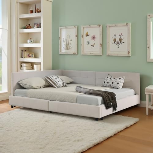 LAKFEW Schlafsofa Bett 140x200 mit Rückenlehne, Schlafcouch Polsterbett mit Samtdesign, Tagesbett mit Lattenrost, Schlafzimmer möbel, Ohne Matratze, Samt, Beige – Bild 5