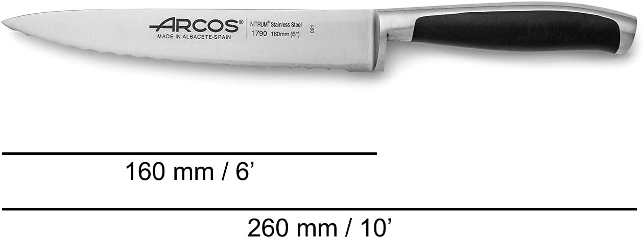 Arcos Kitchen Knife 6 Inch Nitrum Stainless Steel. 160 mm Blade. Professional Utilty Knife.Professional Kitchen Knife. Ergonomic Polyoxymethylene POM Handle. Series Kyoto. Color Black