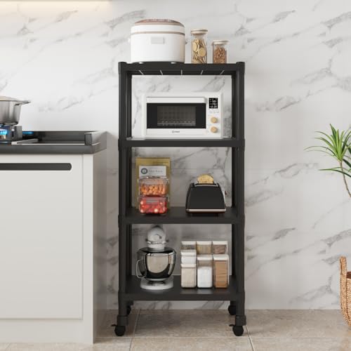 Image of HOME CUBE 4-Tier Storage Shelf with Plastic Shelves with Wheels Kitchen Organizer Rack Microwave Stand Bookshelf Standing Shelf Units Multipurpose Storage Rack for Living Room - 50x35x112 cm