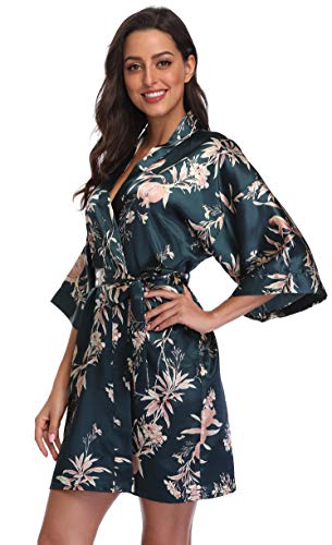 season dressing Women Floral Robes Bridesmaids Short Satin Kimono Sleepwear for Wedding Party, Green L