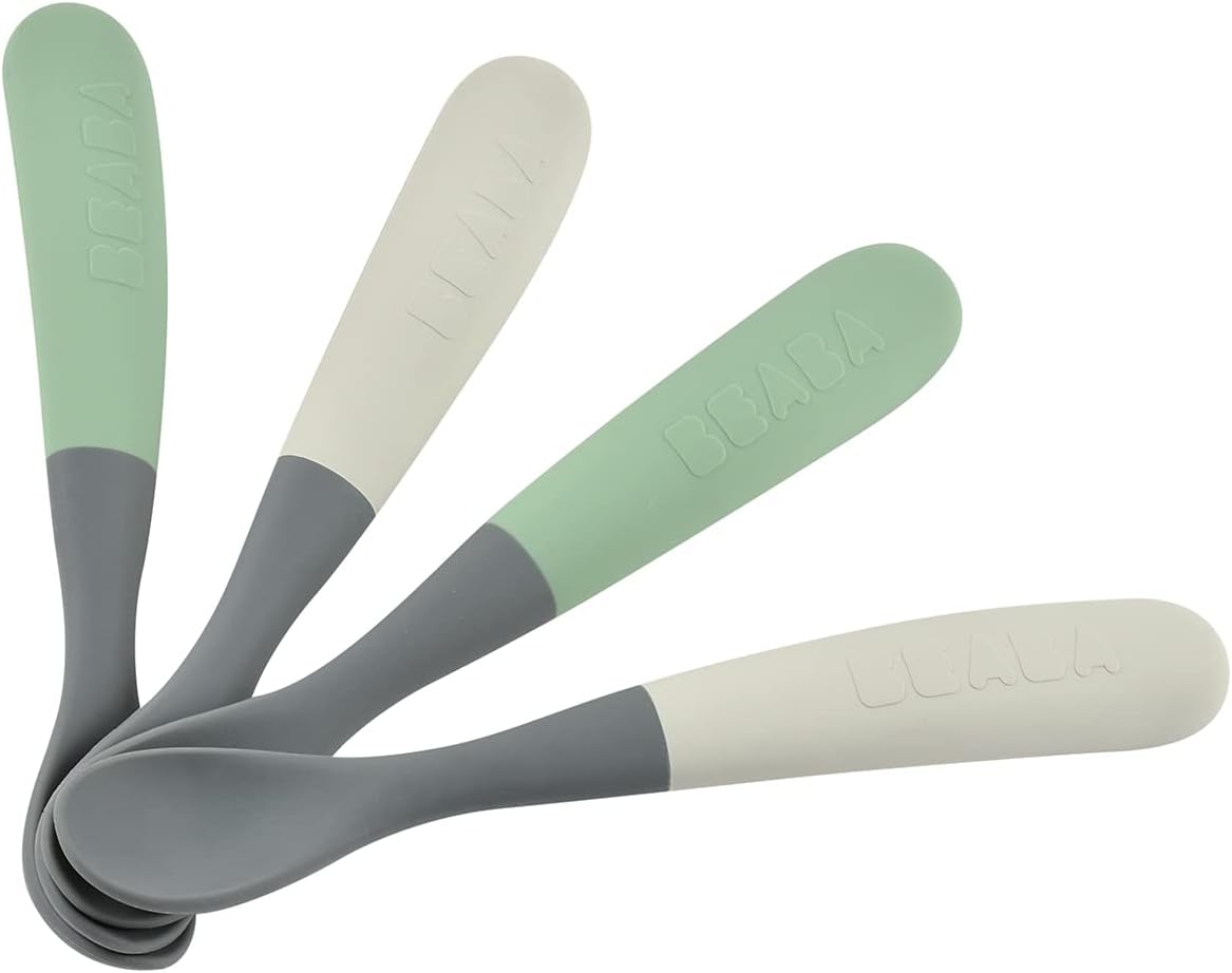 BEABASet of 4 Silicone Baby/Toddler Spoons, 1st Age, from 4 Months, Soft, Rounded tip, Long Ergonomic Handle, Easy Grip, Matt Silicone, No Discoloration, Sage/Mineral