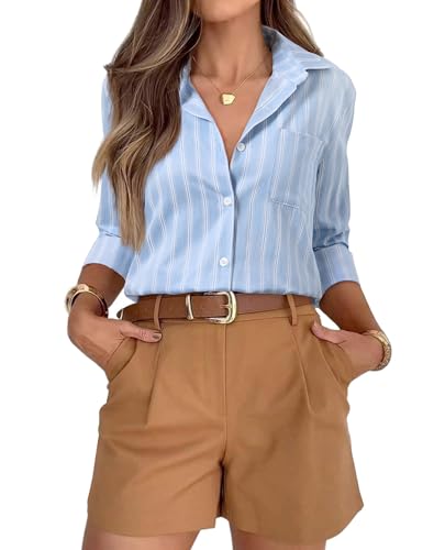 siliteelon Button Down Shirts for Women Striped Long Sleeve Shirt Collared Office Work Blouses Tops with Pocket