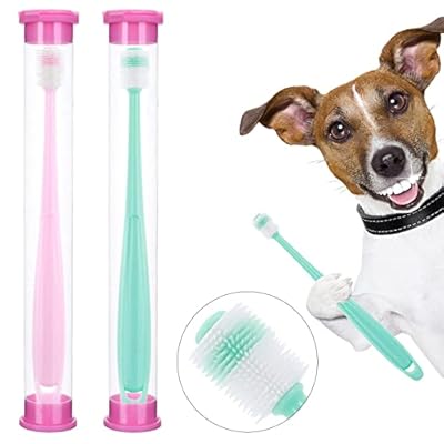 Molain Dog Toothbrush 360 Degree, 2 Set Silicone Handle Cat Toothbrushes with Storage Box, Puppy Dogs Pet Tooth Cleaning Kit (Pink+Blue)