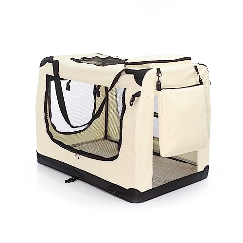 Fudajo Faltbare Transportbox für Hunde, Katzen XXXL (101x68x70cm), robust, leicht, sicher, Hundebox mit Tragegriff und Decke, Beige