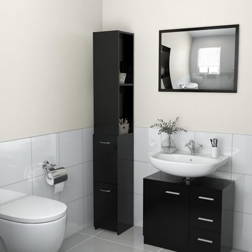 Gecheer Armario Alto para Baño Columna de baño Mueble Auxiliar de Baño de Estilo Moderno con 2 cajones y 2 Estantes aglomerado Negro 25x25x170 cm