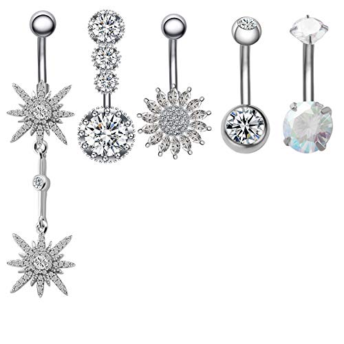 JDXN 5Pcs 14G Surgical Steel Belly Button Rings Clear CZ Flower Navel Rings Belly Rings For Women (Steel color)