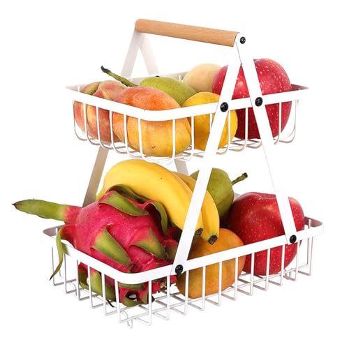 Obstkorb Etagere, Obst Aufbewahrung, 2 Stöckig Obstetagere, Abnehmbare Obst Etagere, Gemüsekorb, Weiß Metall Fruits Basket, mit Holzgriff, für Obst Brot Snacks Korb Gemüse Aufbewahrung für Küche