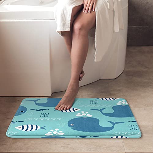 Blue Bath Mat,Cartoon Whales And Fish Bathroom Rugs No Silp,Cute Washable Cover Floor Rug Carpets Floor Mat 16X24 Inches For Kitchen Bedroom #TOP4