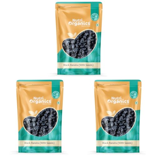 Image of NutriOrganics Dry Fruits Black Raisins With Seeds For More Benefits 1kg - Kala Manuka Kali Draksh - Ziplock Pouch (Pack of 3)