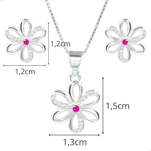 CONJUNTO COLAR COM BRINCOS MARGARIDA VAZADA - PRATA 925 - JROMERO ARTIGOS® (50cm, Rosa)