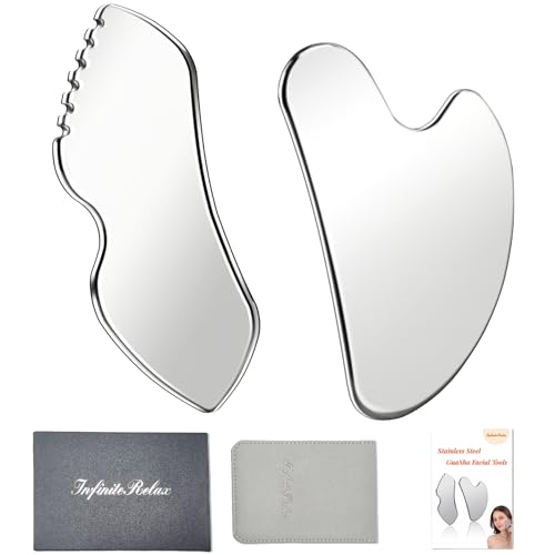 InfiniteRelax Juego de 2 herramientas faciales Gua Sha de acero inoxidable, herramientas de cuidado de la piel con detalle de peine facial de metal, escultura Gua Sha para apretar el drenaje linfático