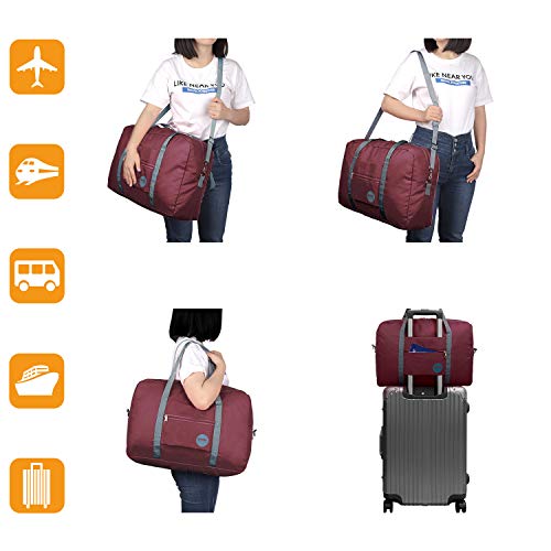 Wandf Foldable Travel Duffel Bag Luggage Sports Gym Water Resistant Nylon (A-Wine Red)