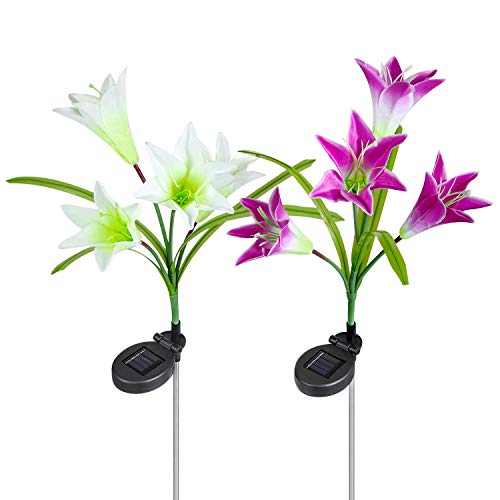 Homestarry Solar Garden Lights Outdoor, 2 PCS Solar Powered Lights with 8 Lily Flower, Multi-Color Changing LED Solar Stake Lights for Garden, Patio, Backyard (Purple/White)