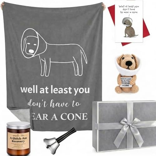 Breling 6 Pcs Funny Well Soon Gift for Women Men After Surgery Well Soon Gift for Recovery Include Blanket Box Crochet Dog Candle Card Hand Bell for Friends at Least You Dont Have to Wear a Cone