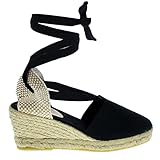  PAYMA - Sandalias Clásicas Cuñas de Esparto Yute de Mujer con Cintas al Tobillo. Hechas en España. Esparteras de Altura Media. Planta Acolchada en Tela. Atadas al Tobillo. Color: Negro, Talla: EU 38