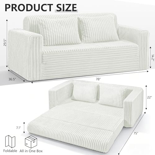 Image of HABUTWAY 78 inch Loveseat Boneless Couch, 4-in-1 Convertible Sofa Bed, Plush Fur Folding Futon Sofa Bed Couches with 2 Pillows for Living Room, High-Density Foam Support, No Assembly Required, Beige