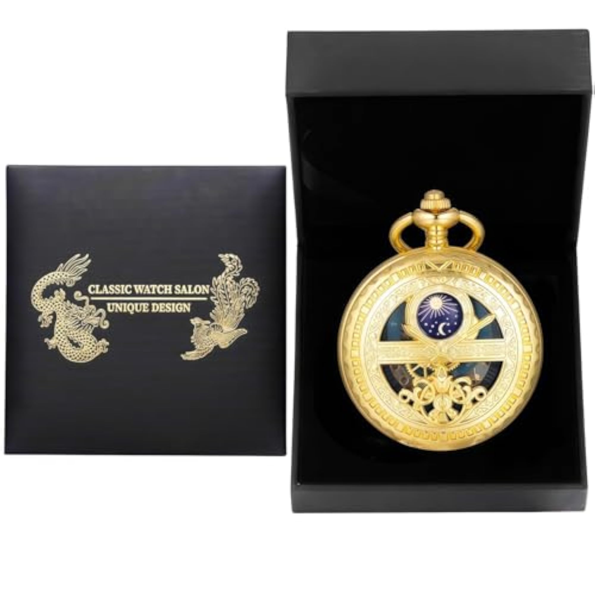 Men's Black Gold Skeleton Pocket Watch with Chain, Punk Style