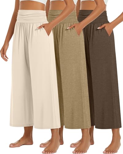 Huukeay 3 Pack Wide Leg Cropped Pants for Women, High Waist Lounge Yoga Pants Loose Casual Palazzo Capri Trouser with Pockets