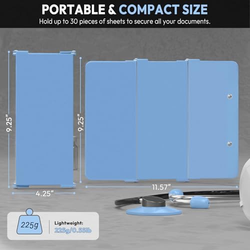 Image of Nursing Clipboard Foldable Without Edition Cheat Charts, 3 Layers Aluminum, Nurse Board w /Low Profile Clip&Pen Clip Pocket, Light Blue