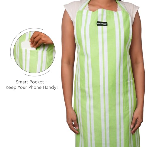 Image of Encasa XO Cotton Cooking kitchen Apron for Women and Men chef apron With adjustable neckstrap, Pocket & Towel Holder for Easy cooking, Baking, BBQ, Gardening- Franca Lime Stripes, 68x85 cm