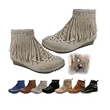 Botas con flecos para mujer, botines estilo cowboy estilo western, planos con punta redonda, cálidos y modernos para exteriores, con cremallera, para invierno. (Khaki,6)
