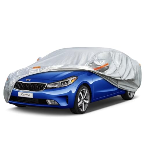 Kayme Sedan Car Cover Fit for Kia Forte 5-Door Koup (2010-2025) Automobiles All Weather Waterproof, Outdoor Cover Sun Rain Protection, with Lock and Zipper Door.Silver Silver Custom Fit Kia