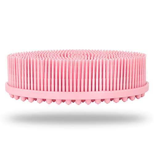 Soft Silicone Body Scrubber - Exfoliating Silicone Shower Loofah Scrubber with Soft Long Brush and Massage Particles - 100% Soft Silicone(Pink)