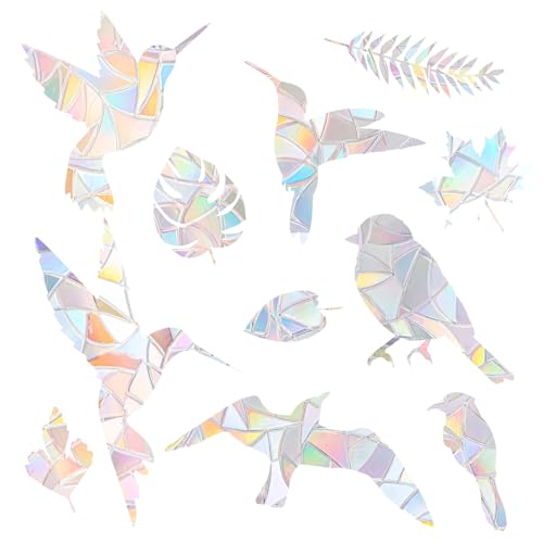 5pcs Anti Collision Window Decals for Birds, Holographic Deter Bird & Leaf Static Window Clings Non-Adhesive Rainbow Glass Window Stickers to Prevent Bird Strikes