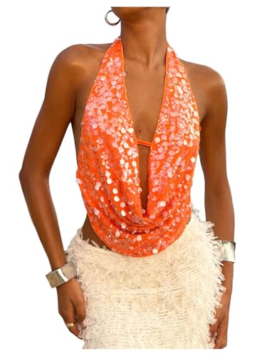 SOLY HUX Women's Sequin Glitter Halter Crop Tank Top Sparkly Backless Deep Cowl Neck Going Out Vest Clubwear Plain Orange Medium