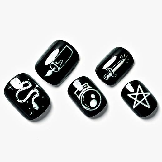 Short Press on Nails Black Oval, GLAMERMAID Squoval Fake Nails Round with Gothic False Nails with Gel Nail Glue, Stick Glue on Nail for Women Gift Manicure Sets, 24Pcs Adhesive Tabs Reusable Acrylic Nail