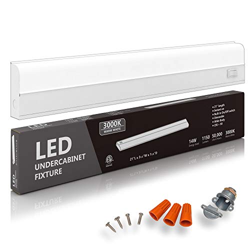 Hardwired LED Under Cabinet Task Lighting - 14 Watt, 21", Dimmable, 3000K (Warm White), Wide Body, Long Lasting Metal Base with Frost Lens