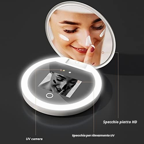 Specchio compatto da viaggio con fotocamera UV, ingrandimento 2x, specchio UV portatile con luci che controllano la protezione solare facciale specchio per il trucco LED, specchio da viaggio