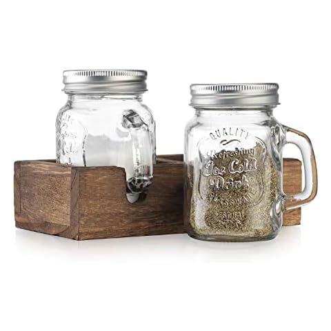 MosJos Mason Jar Salt and Pepper Shakers - Vintage Glass Condiment Dispenser Set with Wooden Holder Caddy - Farmhouse Kitchen Decor, Easy Refill 5-ounce Capacity with Stainless Steel Lids Cover