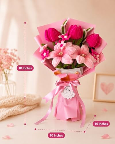 Image of Handmade Pink Pipe Cleaner Flower Bouquet-5 Flower,Forever Bouquet Gift for Birthday, Anniversary, Valentine's Day | Cute Aesthetic Floral Decor