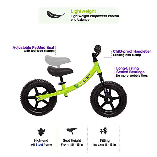 The Original Croco Ultra Lightweight And Sturdy Balance Bike.2 Models For 2, 3, 4 And 5 Year Old Kids. Unbeatable Features. Toddler Training Bike, No Pedal. (Sturdy 12 Inch, Light Green) #TOP1