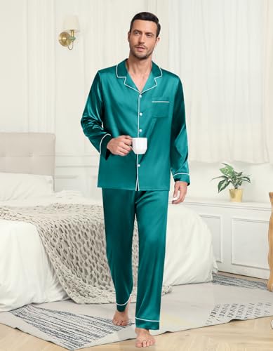 Mens Satin Pajamas Set Long Sleeve Button-Down Pj Set Lightweight Sleepwear Loungewear for Holiday, Green-XL4