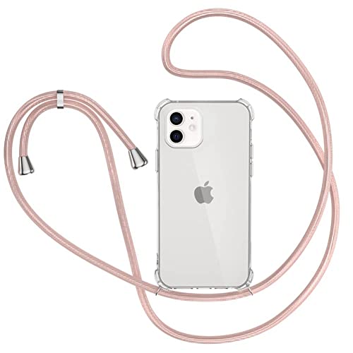 Hülle für iPhone 12/12 Pro (6.1) mit Band Transparent Handyhülle Stossfest Schutzhülle - Schnur mit Case zum Umhängen Kordel in Roségold