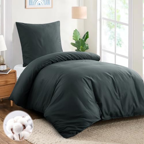 Aisbo Bettwäsche 155x220 Baumwolle Grau - Bettwäsche-Sets Bettbezug 155x220 mit Kissenbezug 80x80 cm, Dunkelgrau Baumwollbettwäsche Set, Oeko-TEX Bettwäsche Anthrazit mit Reißverschluss