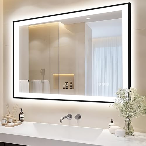 EchosLife 44x36 LED Light Mirror for Bathroom - Black Framed Mirror