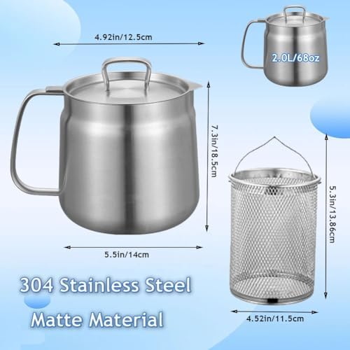 Stainless Steel Oil Filter Pot, 50oz/68oz Large Capacity Frying Vessel with Strainer, Multi-Function Deep Fryer for Kitchen & Camping, Ideal for Boiling & Simmering
