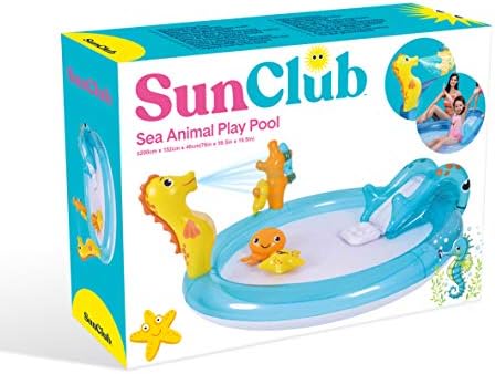 Sun Club 98439 Sea Creature Inflatable Kids Play Pool with Water Spray / Ring Toss, Toys and Paddling Pool with Slide / Easy to Inflate and Store, Blue, (W)200 x (L)152 x (H)40cm